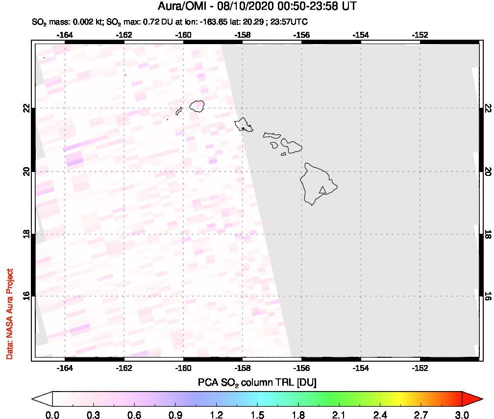 A sulfur dioxide image over Hawaii, USA on Aug 10, 2020.