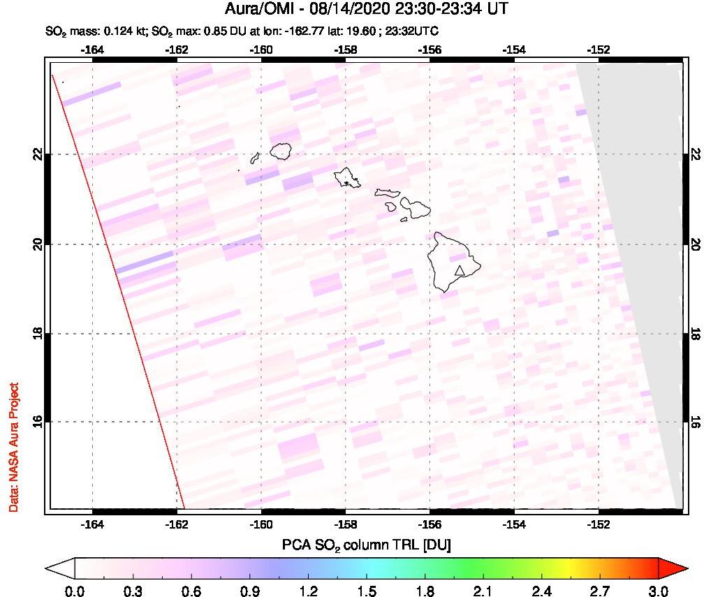 A sulfur dioxide image over Hawaii, USA on Aug 14, 2020.