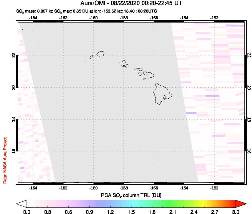 A sulfur dioxide image over Hawaii, USA on Aug 22, 2020.