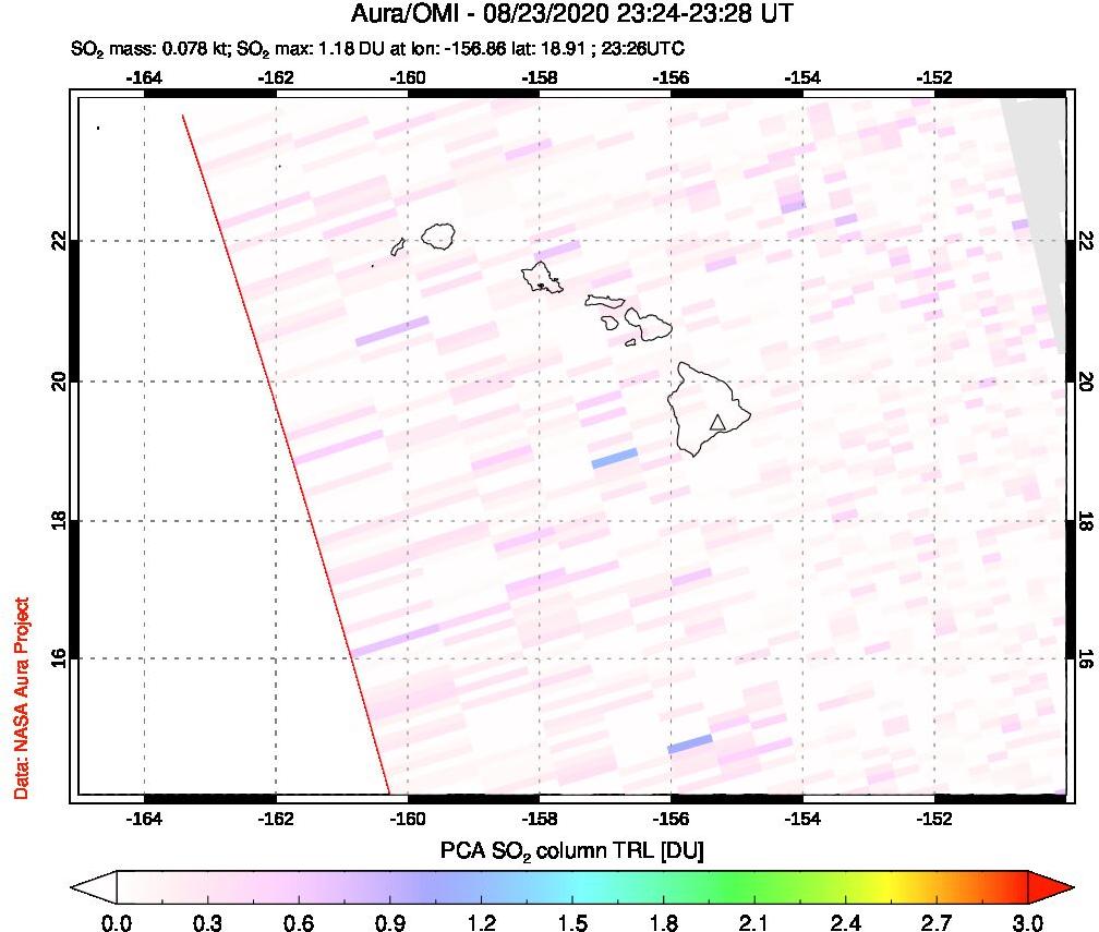A sulfur dioxide image over Hawaii, USA on Aug 23, 2020.