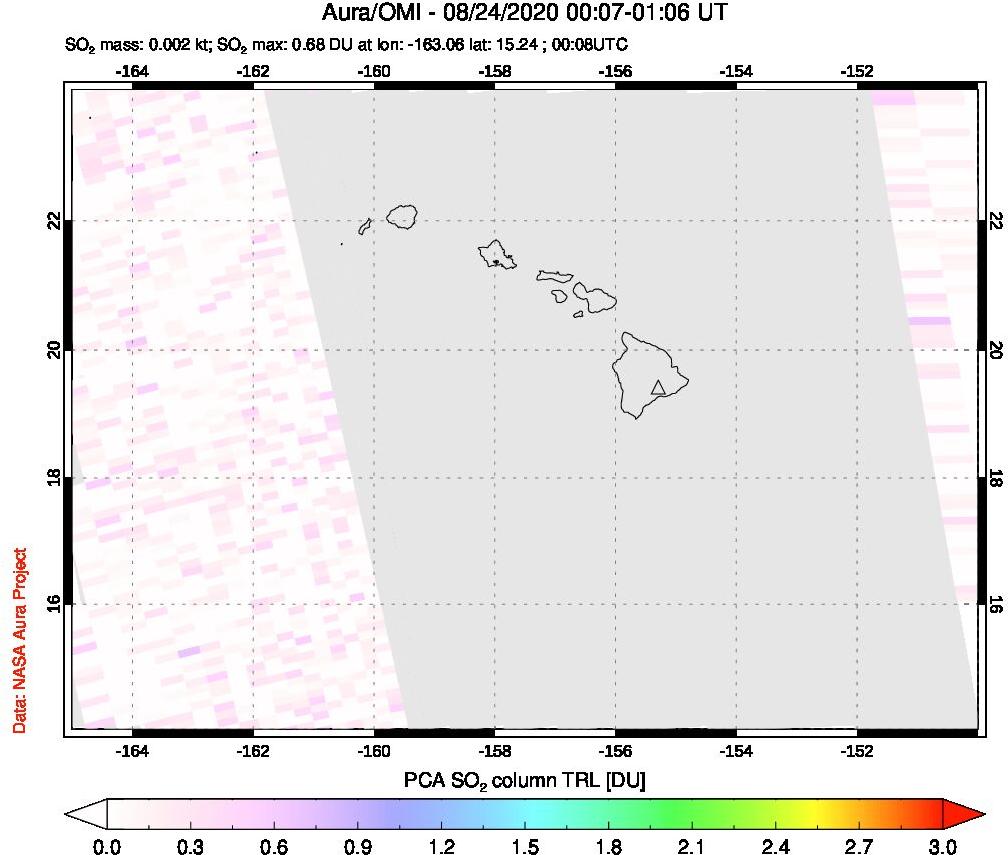 A sulfur dioxide image over Hawaii, USA on Aug 24, 2020.