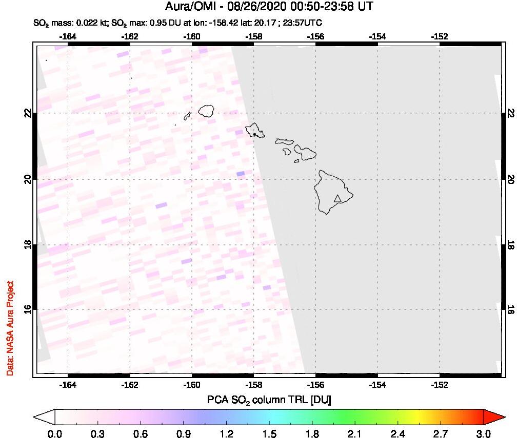 A sulfur dioxide image over Hawaii, USA on Aug 26, 2020.