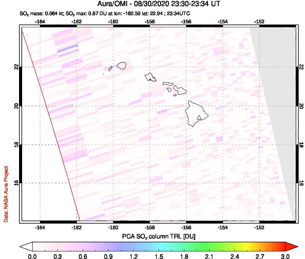 A sulfur dioxide image over Hawaii, USA on Aug 30, 2020.