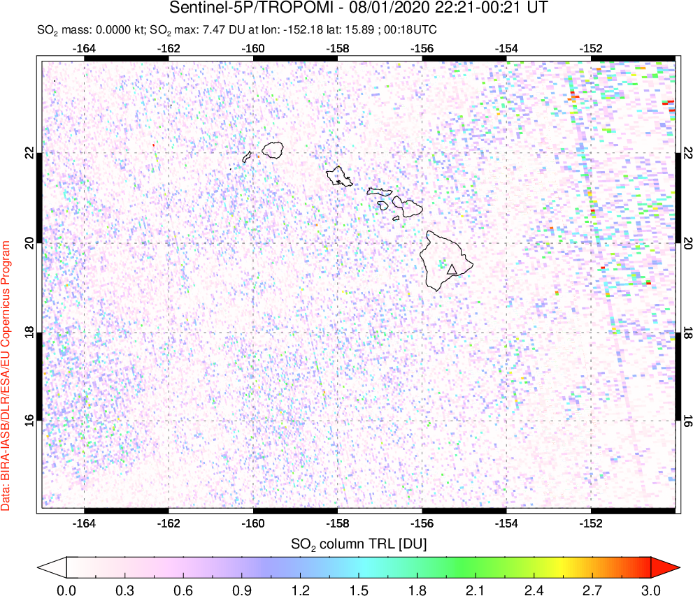 A sulfur dioxide image over Hawaii, USA on Aug 01, 2020.