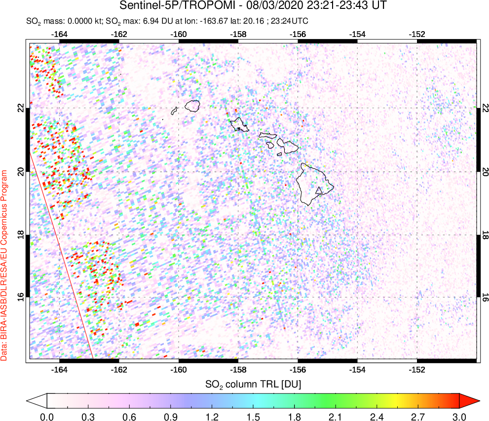 A sulfur dioxide image over Hawaii, USA on Aug 03, 2020.