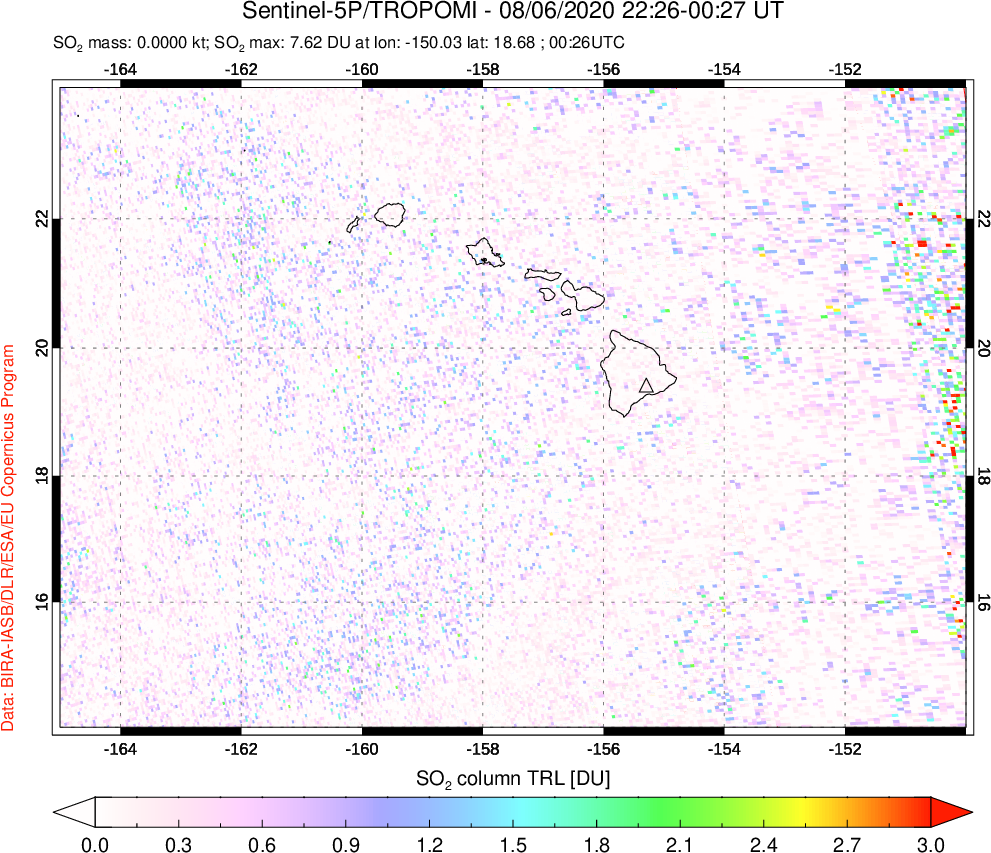 A sulfur dioxide image over Hawaii, USA on Aug 06, 2020.