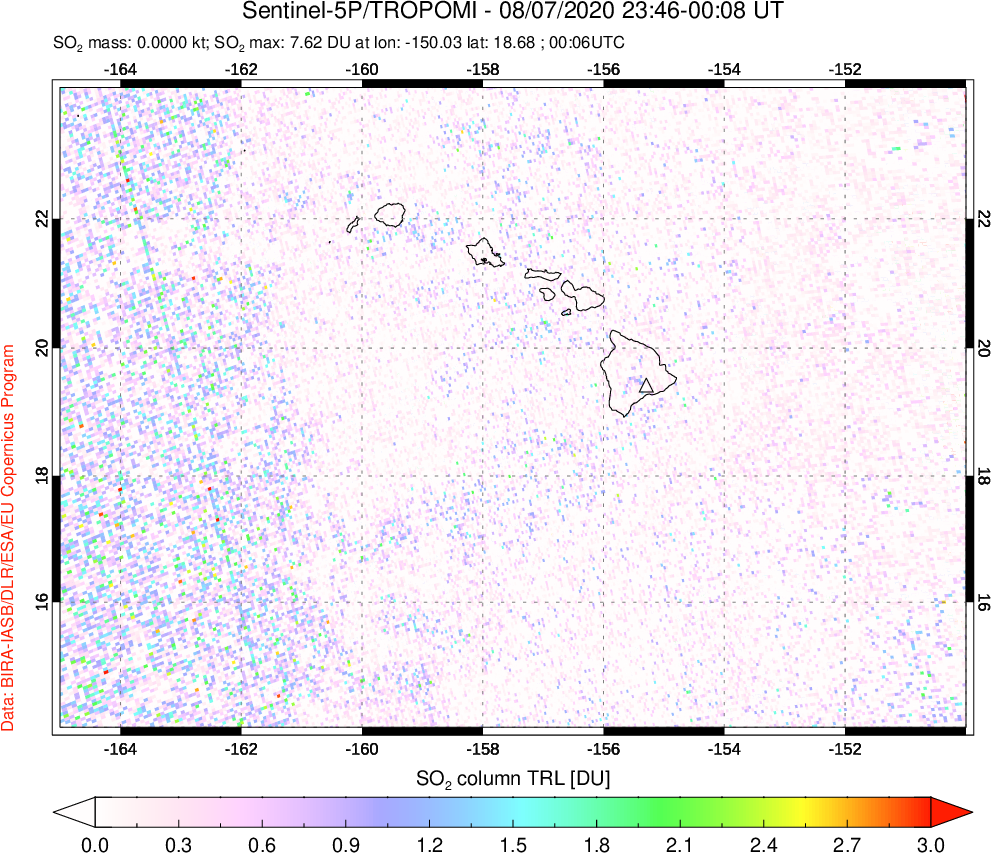 A sulfur dioxide image over Hawaii, USA on Aug 07, 2020.