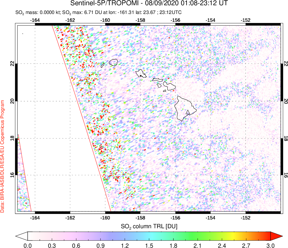 A sulfur dioxide image over Hawaii, USA on Aug 09, 2020.
