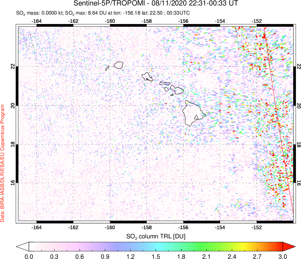 A sulfur dioxide image over Hawaii, USA on Aug 11, 2020.