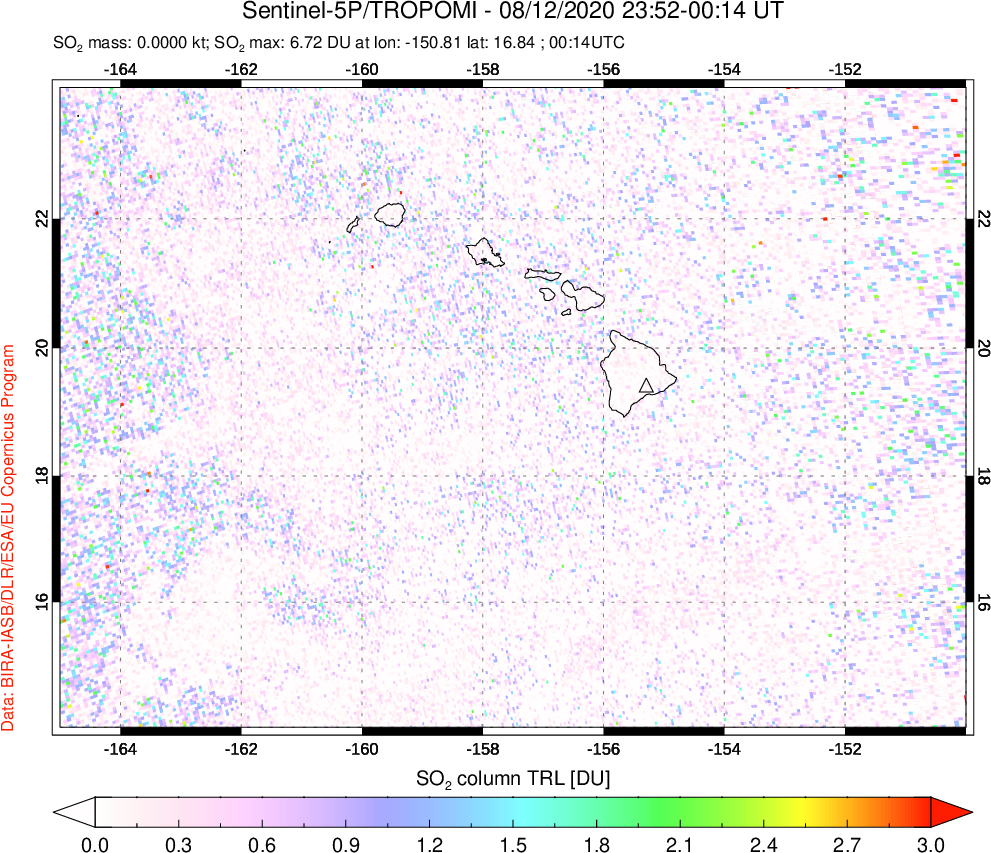 A sulfur dioxide image over Hawaii, USA on Aug 12, 2020.