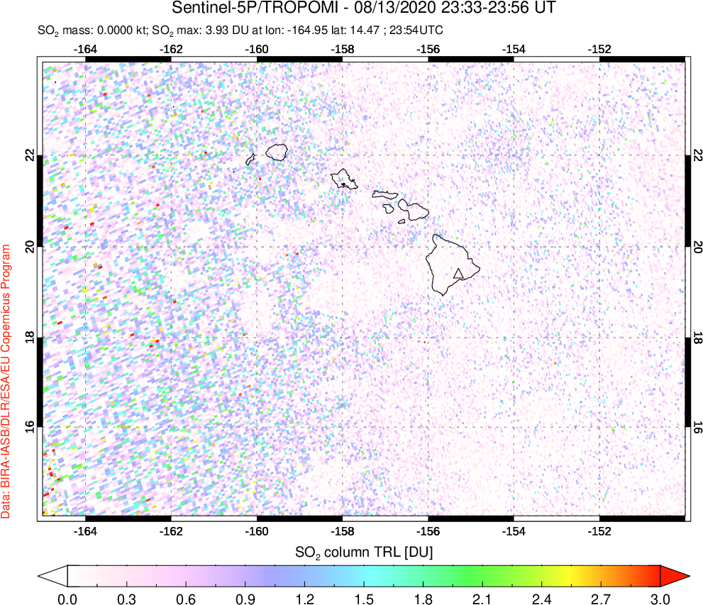 A sulfur dioxide image over Hawaii, USA on Aug 13, 2020.