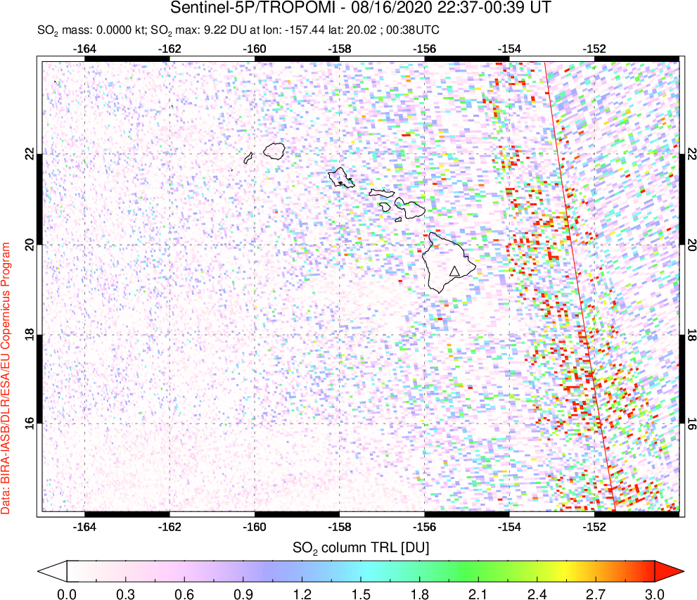 A sulfur dioxide image over Hawaii, USA on Aug 16, 2020.