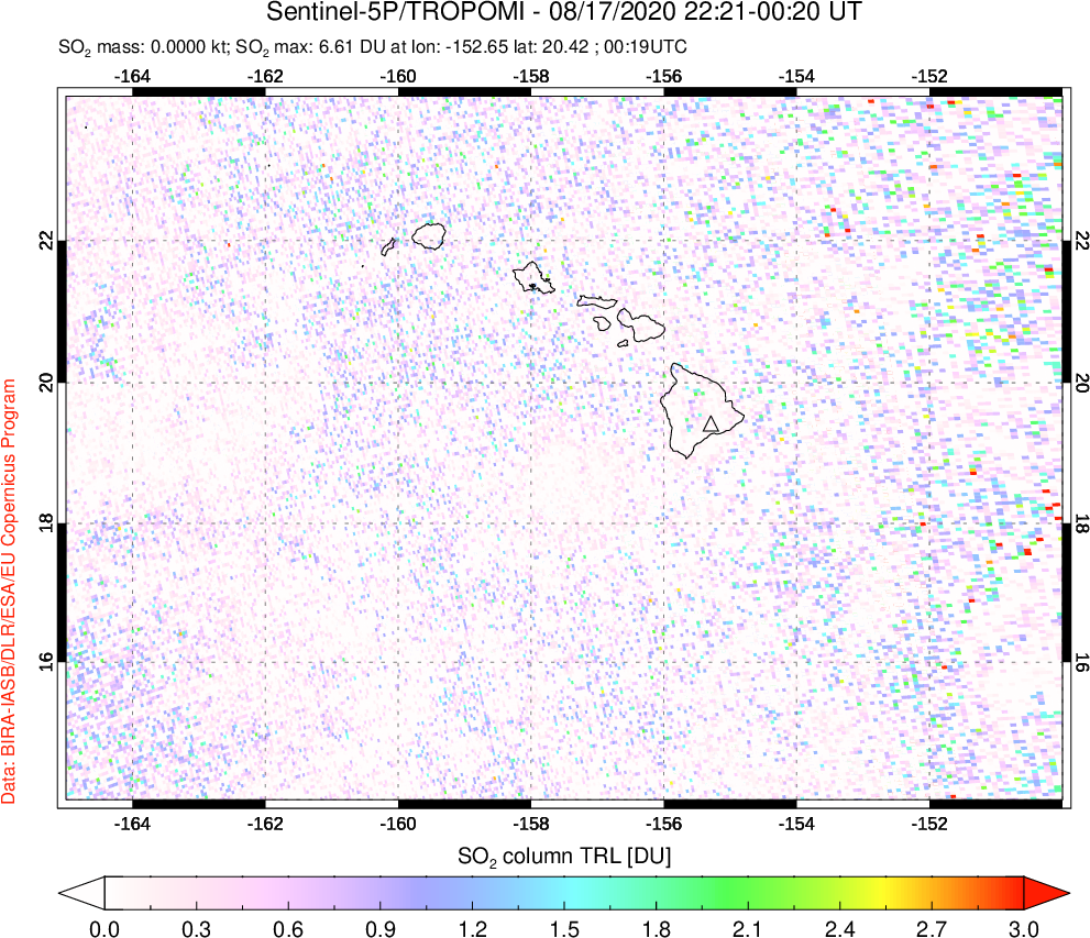 A sulfur dioxide image over Hawaii, USA on Aug 17, 2020.