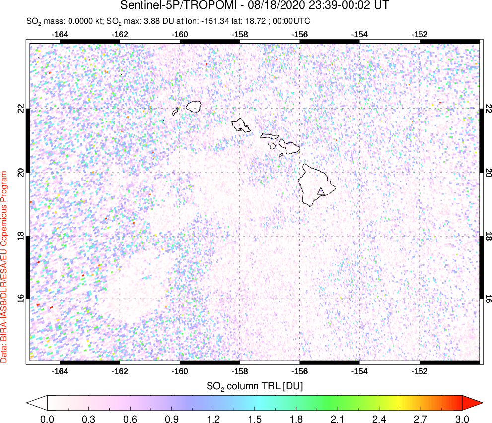 A sulfur dioxide image over Hawaii, USA on Aug 18, 2020.