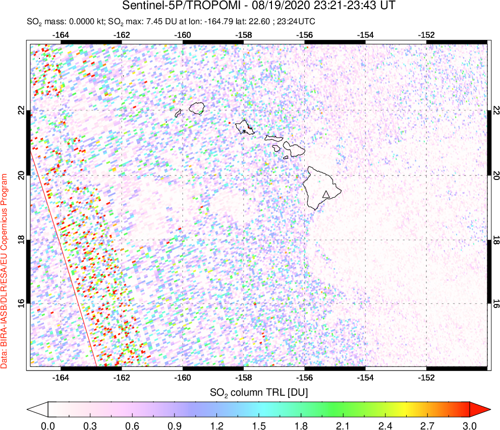 A sulfur dioxide image over Hawaii, USA on Aug 19, 2020.