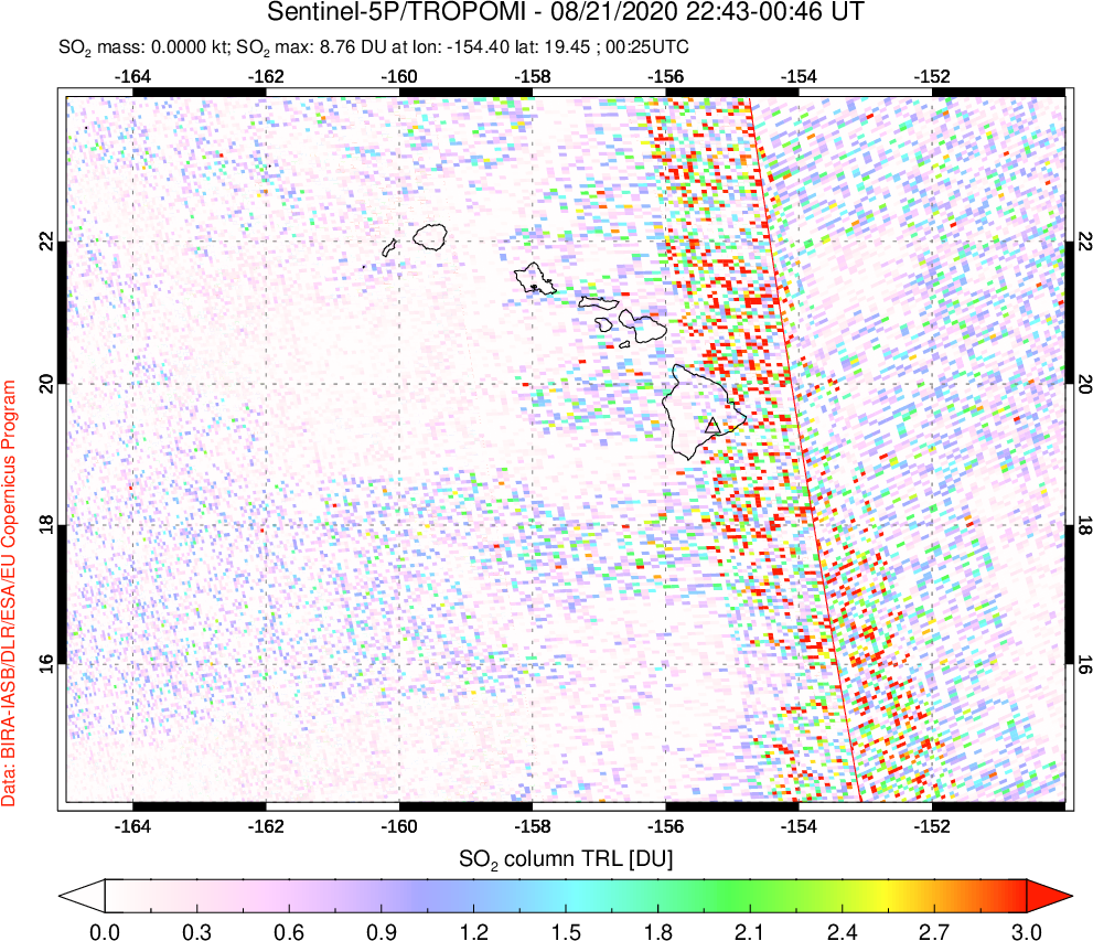 A sulfur dioxide image over Hawaii, USA on Aug 21, 2020.