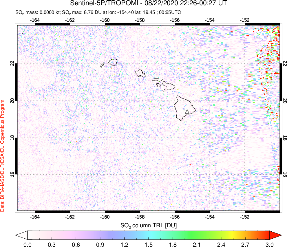 A sulfur dioxide image over Hawaii, USA on Aug 22, 2020.