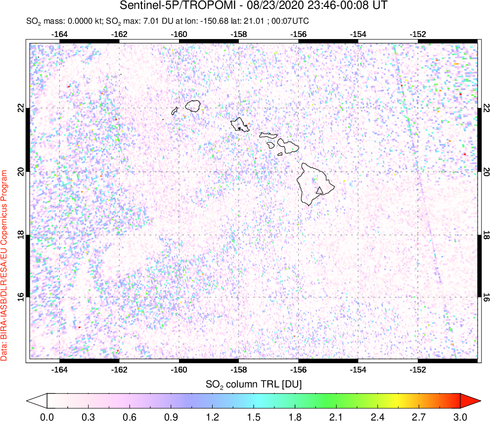 A sulfur dioxide image over Hawaii, USA on Aug 23, 2020.