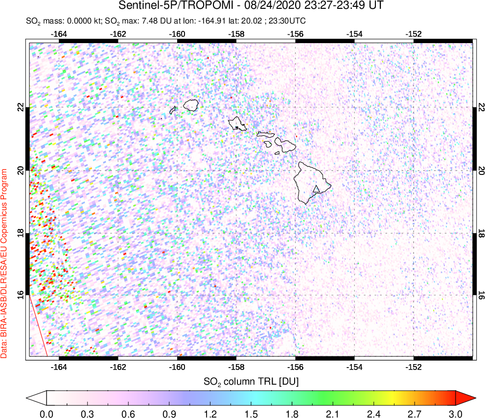 A sulfur dioxide image over Hawaii, USA on Aug 24, 2020.