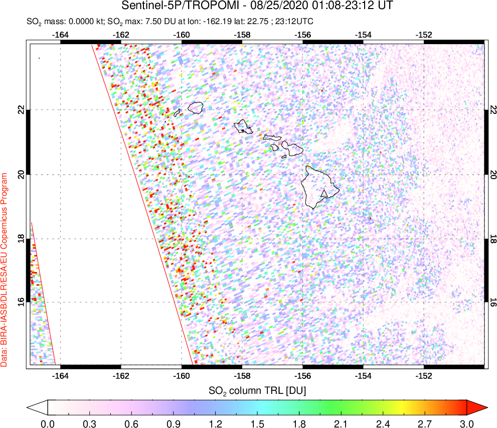 A sulfur dioxide image over Hawaii, USA on Aug 25, 2020.