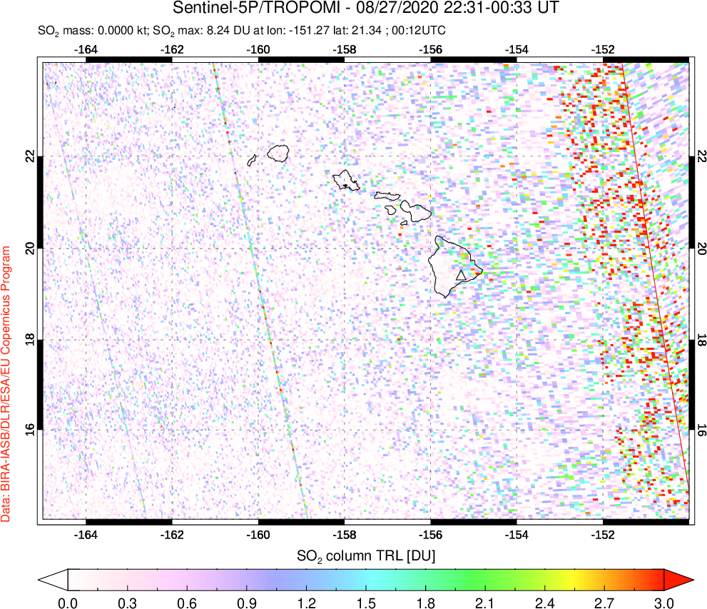 A sulfur dioxide image over Hawaii, USA on Aug 27, 2020.