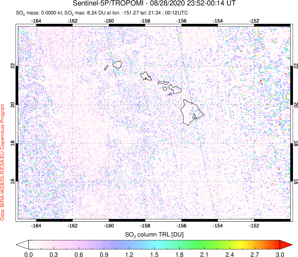 A sulfur dioxide image over Hawaii, USA on Aug 28, 2020.