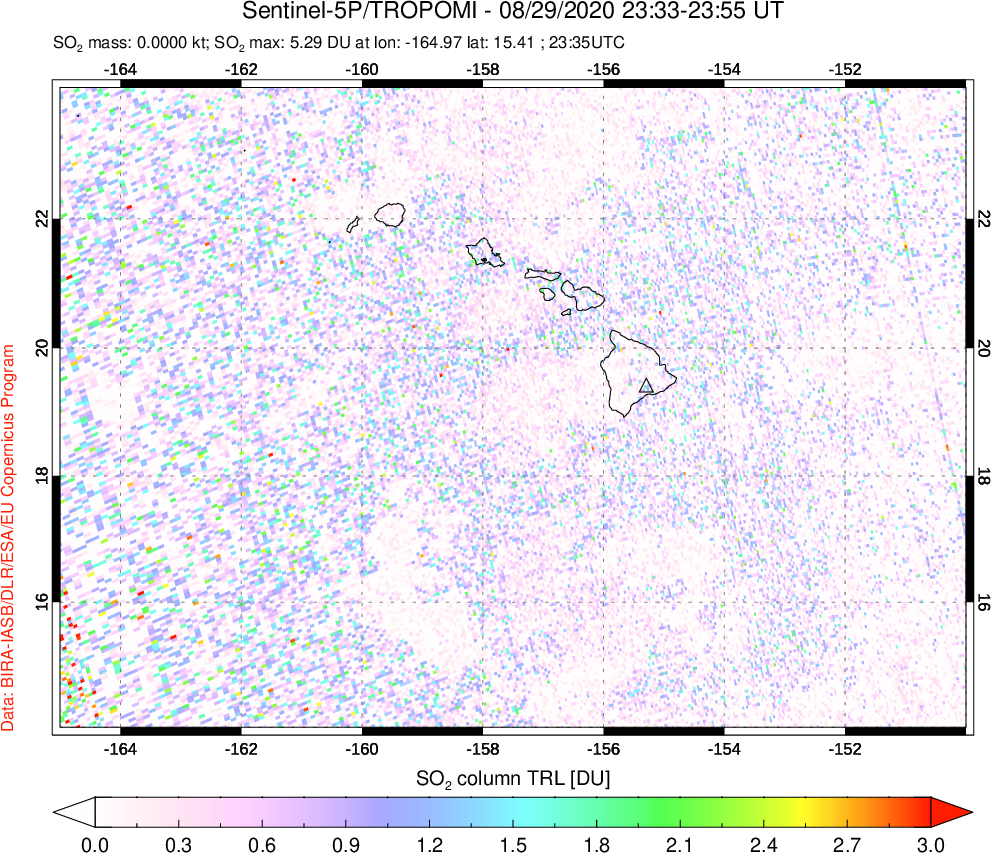 A sulfur dioxide image over Hawaii, USA on Aug 29, 2020.