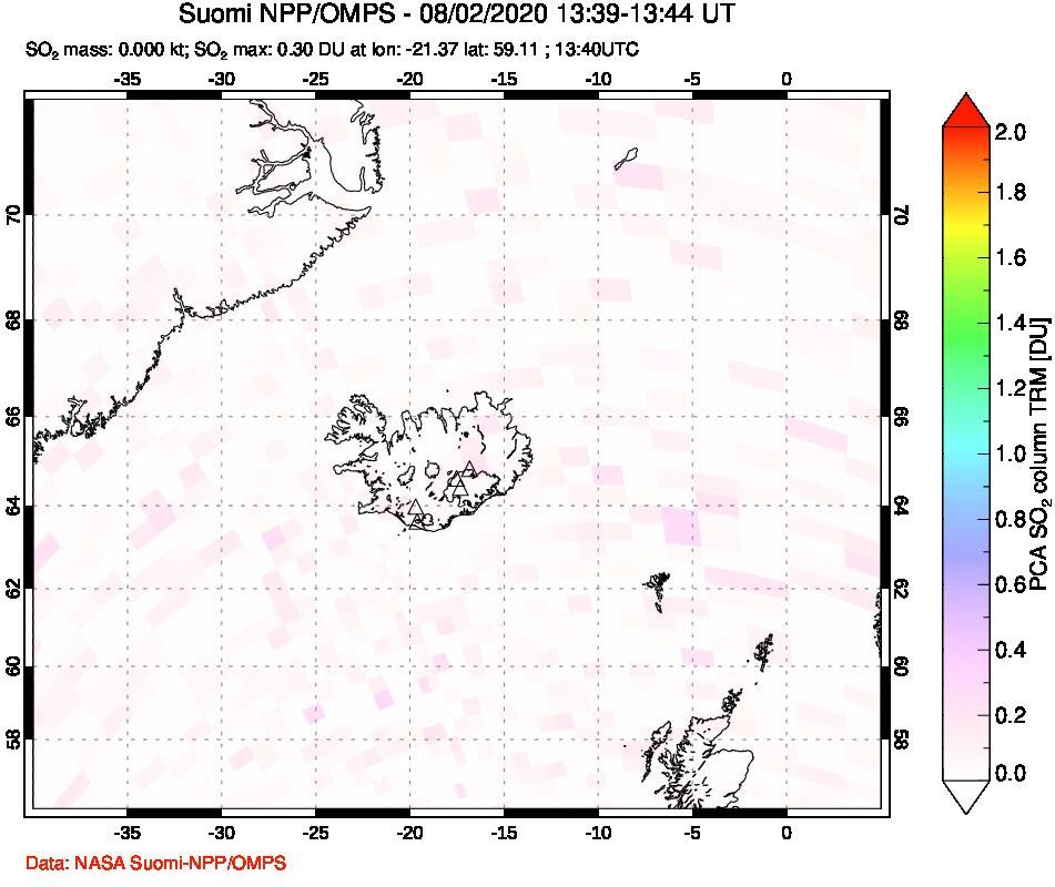 A sulfur dioxide image over Iceland on Aug 02, 2020.