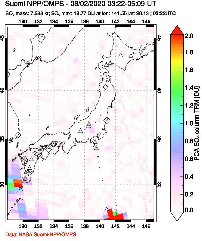 A sulfur dioxide image over Japan on Aug 02, 2020.