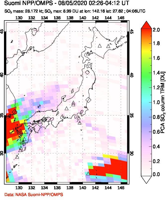 A sulfur dioxide image over Japan on Aug 05, 2020.