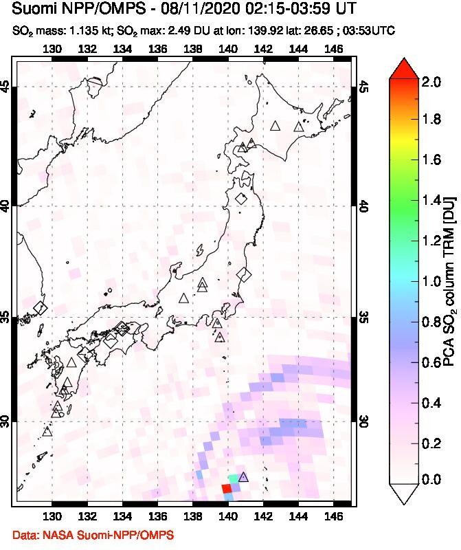 A sulfur dioxide image over Japan on Aug 11, 2020.