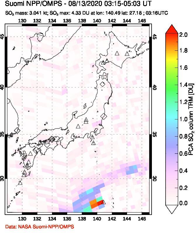 A sulfur dioxide image over Japan on Aug 13, 2020.