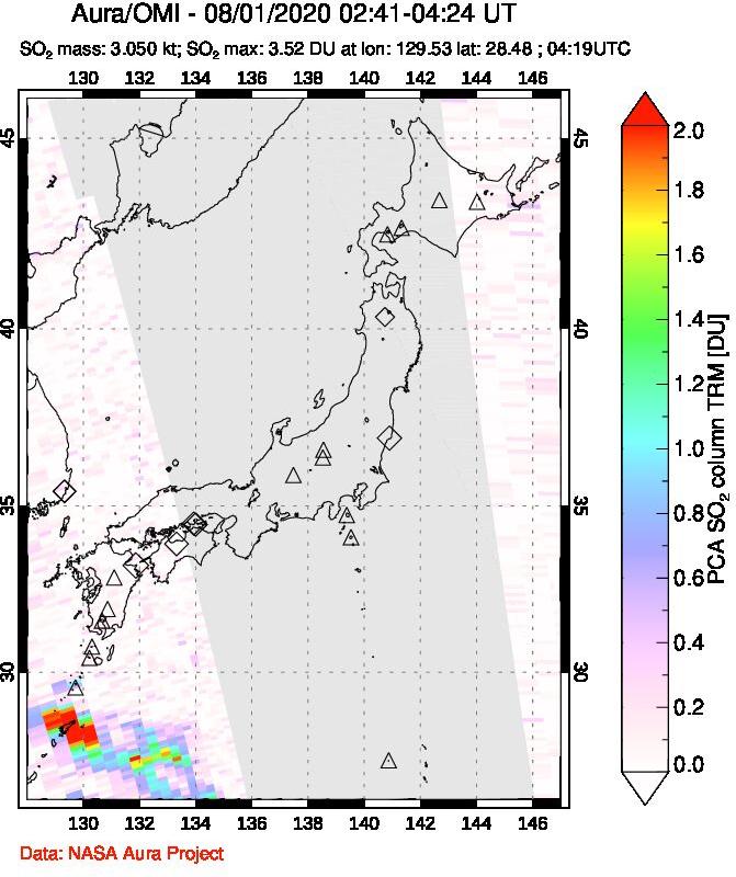 A sulfur dioxide image over Japan on Aug 01, 2020.