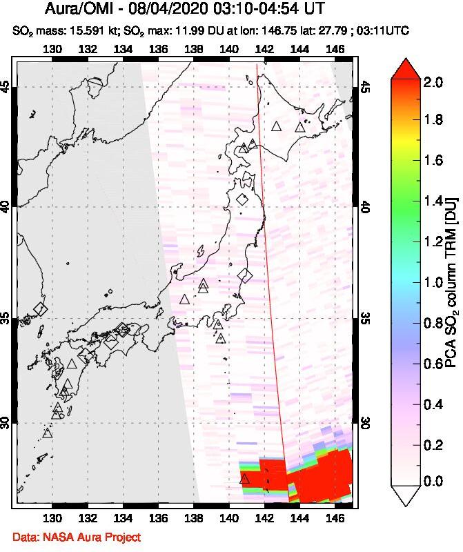 A sulfur dioxide image over Japan on Aug 04, 2020.