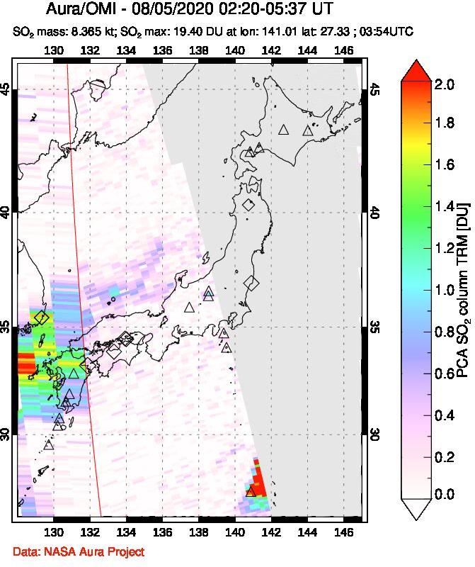 A sulfur dioxide image over Japan on Aug 05, 2020.