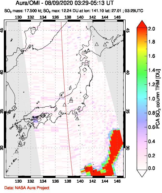 A sulfur dioxide image over Japan on Aug 09, 2020.
