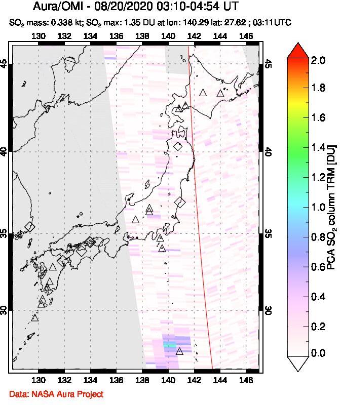 A sulfur dioxide image over Japan on Aug 20, 2020.