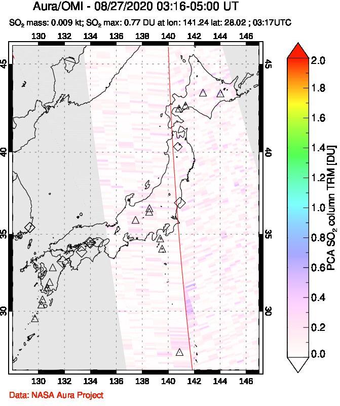 A sulfur dioxide image over Japan on Aug 27, 2020.