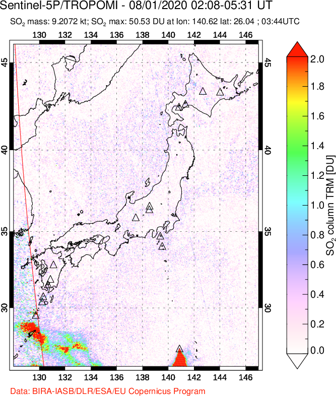 A sulfur dioxide image over Japan on Aug 01, 2020.