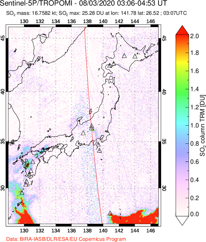 A sulfur dioxide image over Japan on Aug 03, 2020.