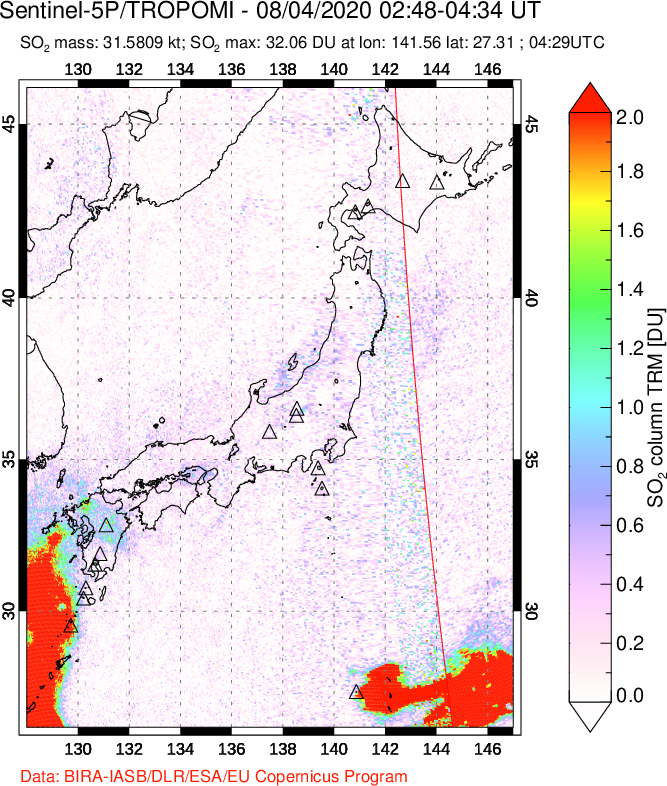 A sulfur dioxide image over Japan on Aug 04, 2020.