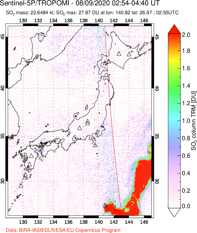 A sulfur dioxide image over Japan on Aug 09, 2020.