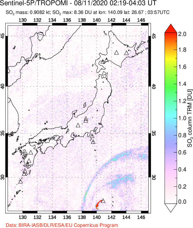 A sulfur dioxide image over Japan on Aug 11, 2020.