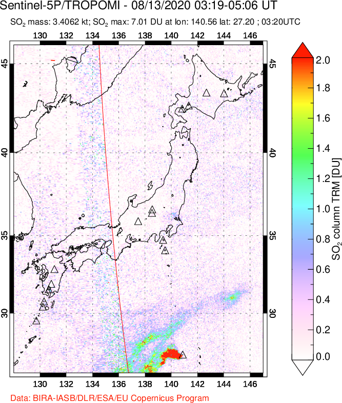 A sulfur dioxide image over Japan on Aug 13, 2020.