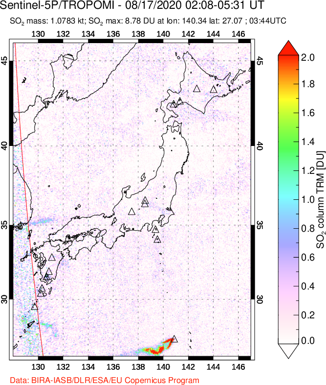 A sulfur dioxide image over Japan on Aug 17, 2020.