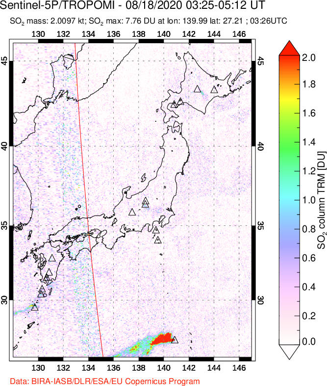 A sulfur dioxide image over Japan on Aug 18, 2020.