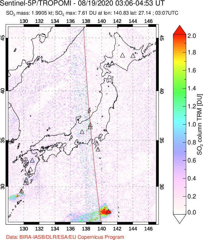 A sulfur dioxide image over Japan on Aug 19, 2020.