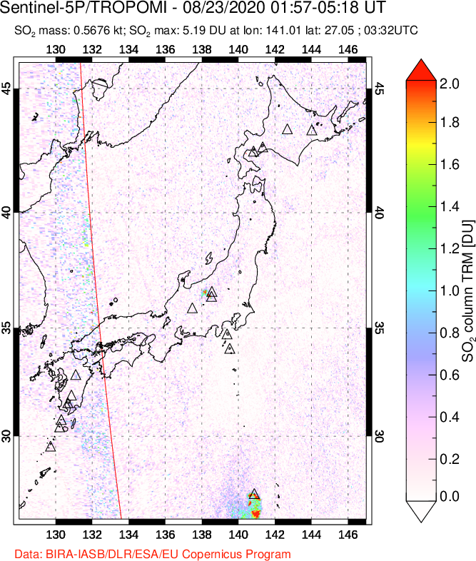 A sulfur dioxide image over Japan on Aug 23, 2020.