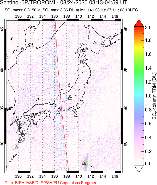 A sulfur dioxide image over Japan on Aug 24, 2020.