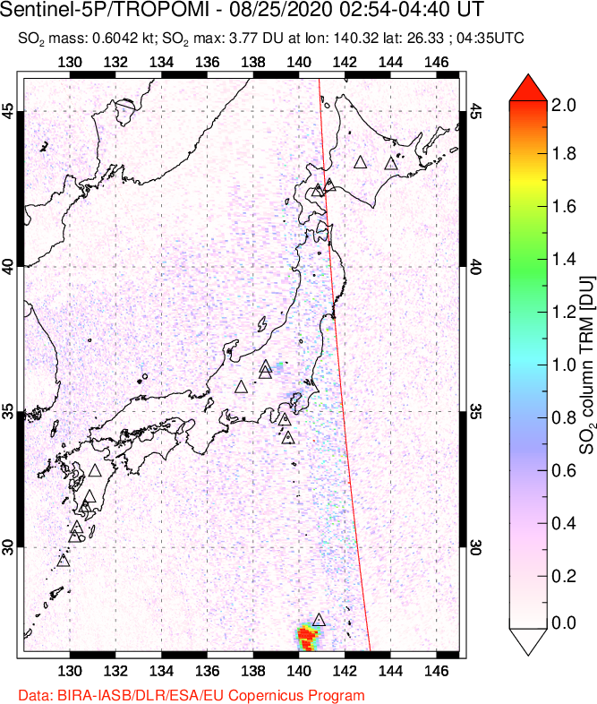 A sulfur dioxide image over Japan on Aug 25, 2020.